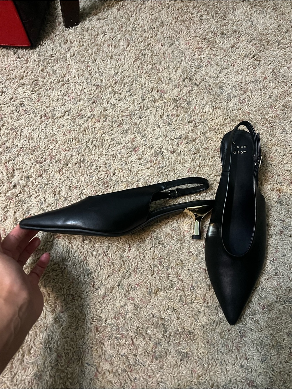 a new day Black Pointed Slingback Heels with Gold Accent